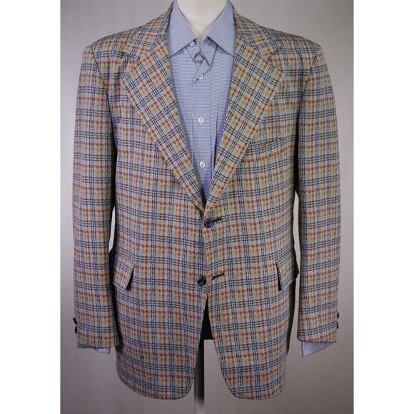 Vintage 60s 70s Double Knit Polyester Blue Orange Gold Check Blazer 44R - Picture 2 of 7